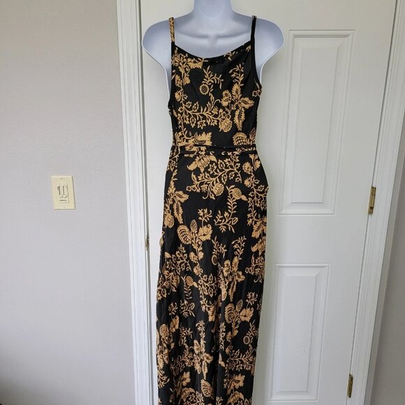 Zara Floral Print Black and Bronze/Gold Tie Wrap Maxi Dress with High Slit XS - Picture 5 of 7